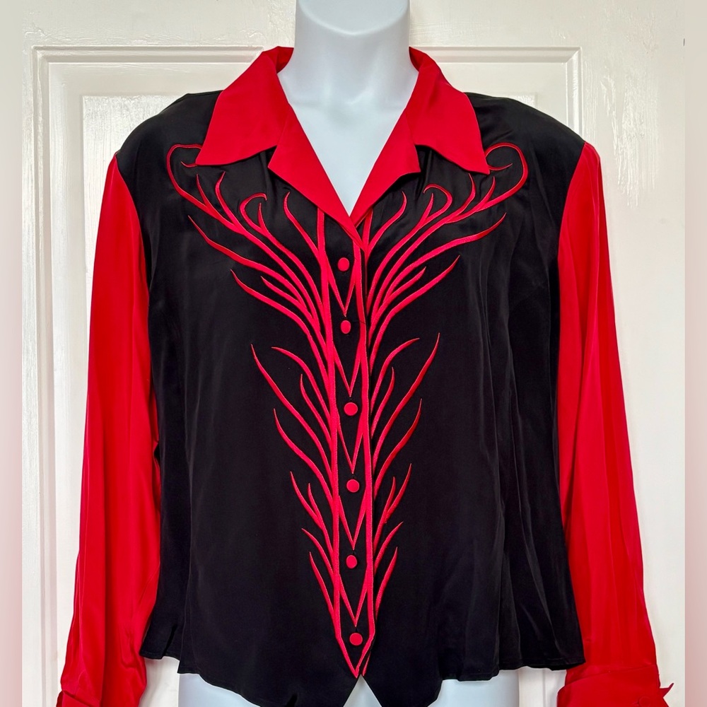 Bob Mackie Silk Wearable Art Vintage Black and Red Blouse 3X